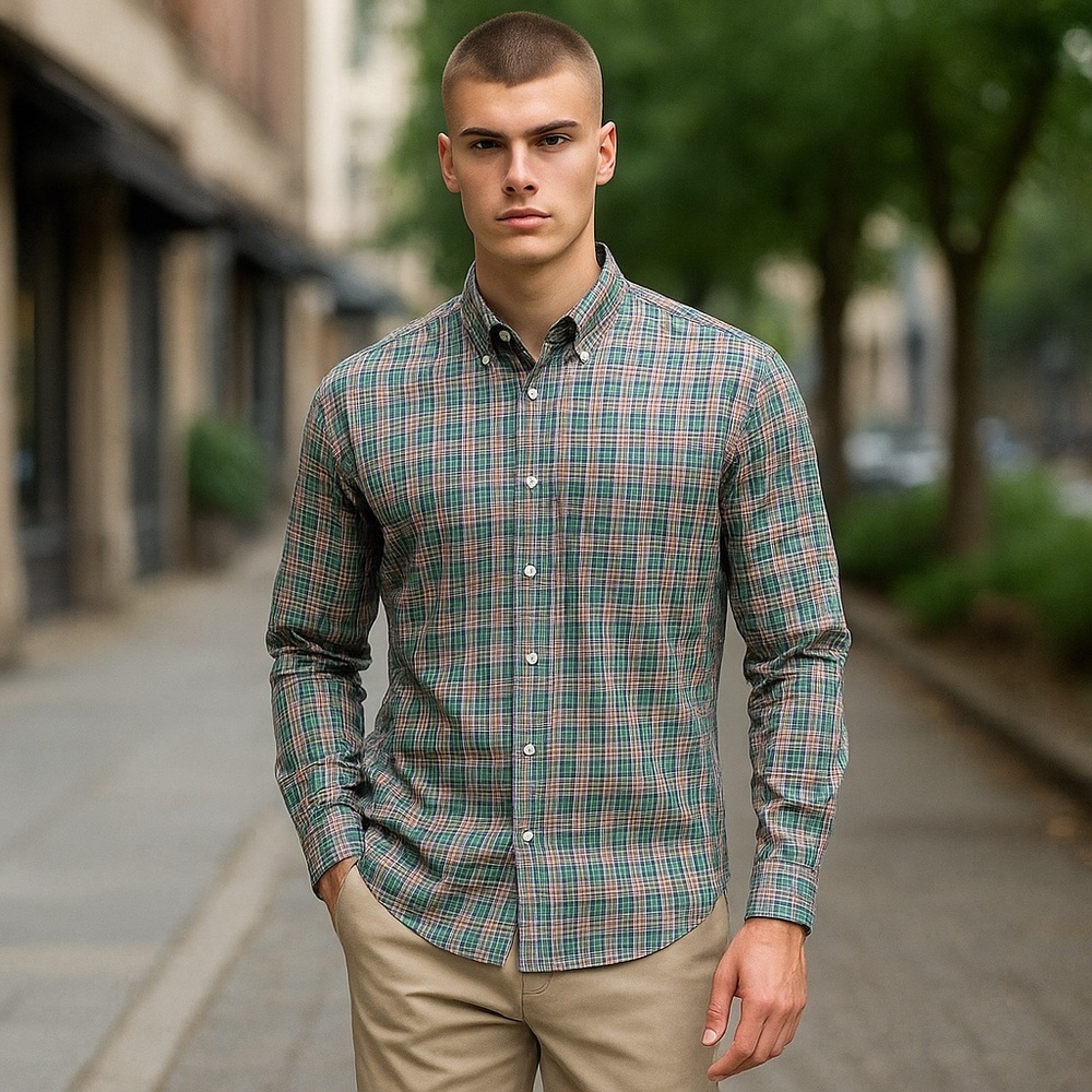 polo ralph lauren shirt men 16.5/L regent custom fit check green red long sleeve